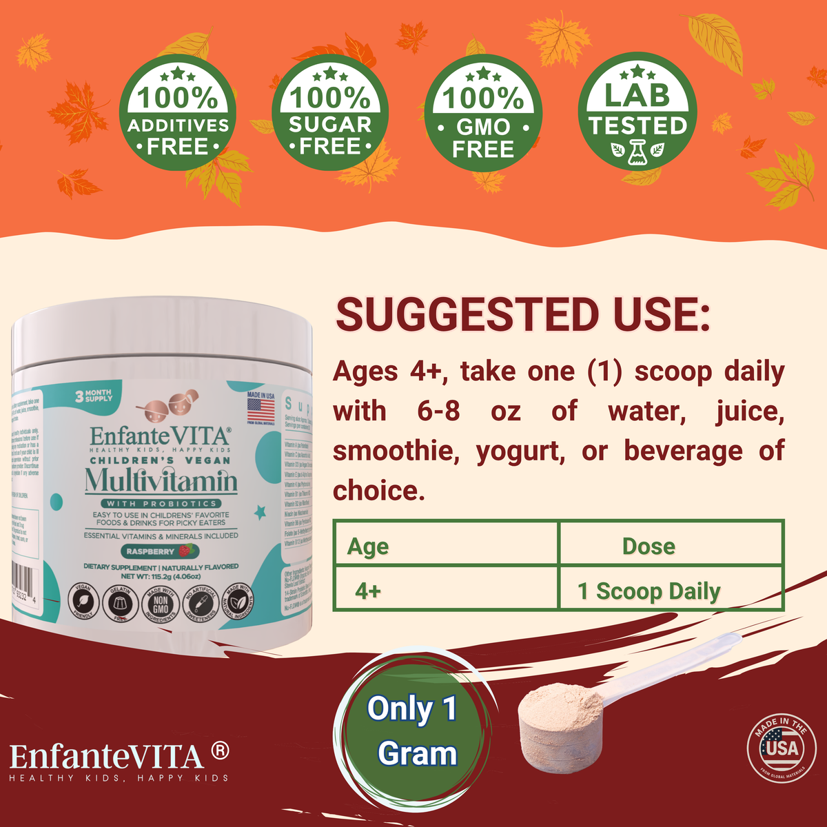 Children's Vegan Multivitamin Powder with Probiotics – Raspberry (90-Day Supply)