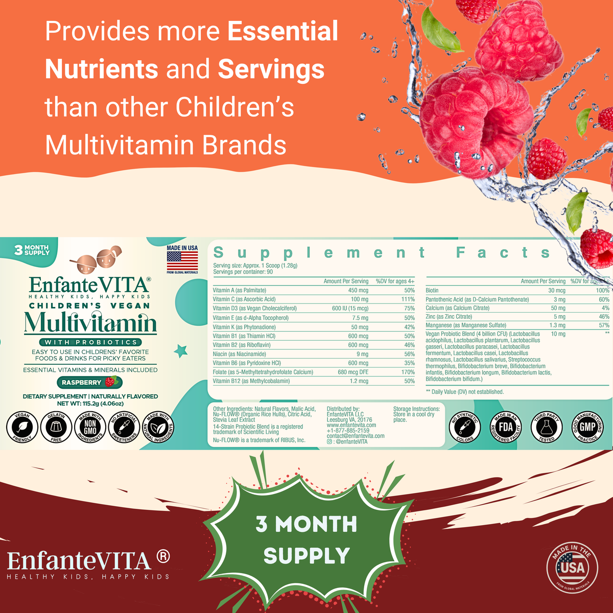 Children's Vegan Multivitamin Powder with Probiotics – Raspberry (90-Day Supply)