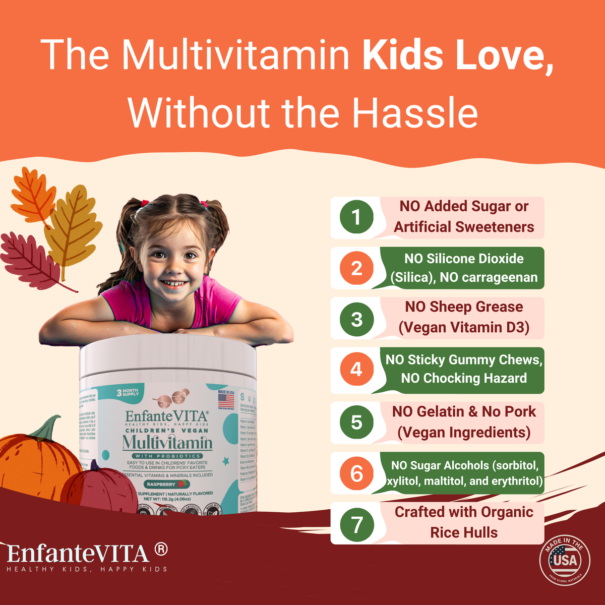 Children's Vegan Multivitamin Powder with Probiotics – Raspberry (90-Day Supply)